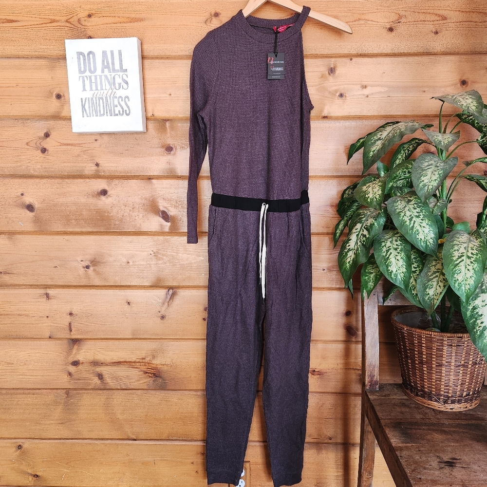 n: Philanthropy NWT Baywood Jumpsuit Charcoal Waffle Knit One Shoulder Size M